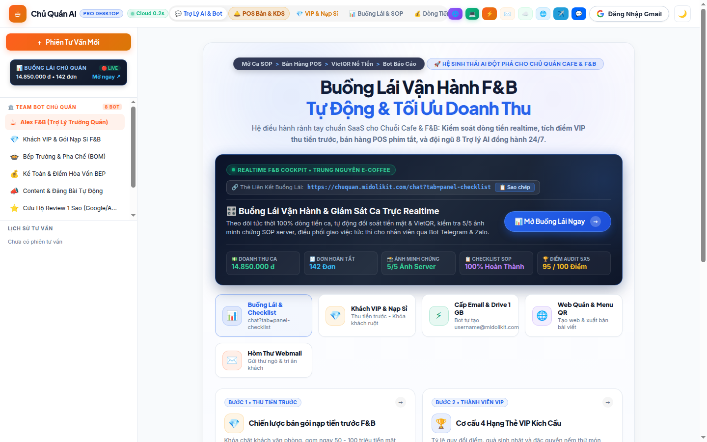 Giao diện tổng quan Chủ Quán AI